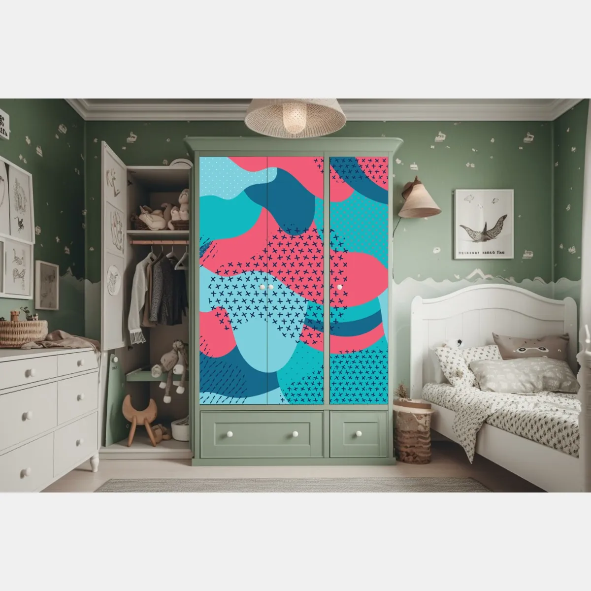 Naklejka na szafę abstrakcyjny falisty wzór w turkusie i koralu – Wallissimo® Naklejka na szafę abstrakcyjny falisty wzór w turkusie i koralu – Wallissimo®