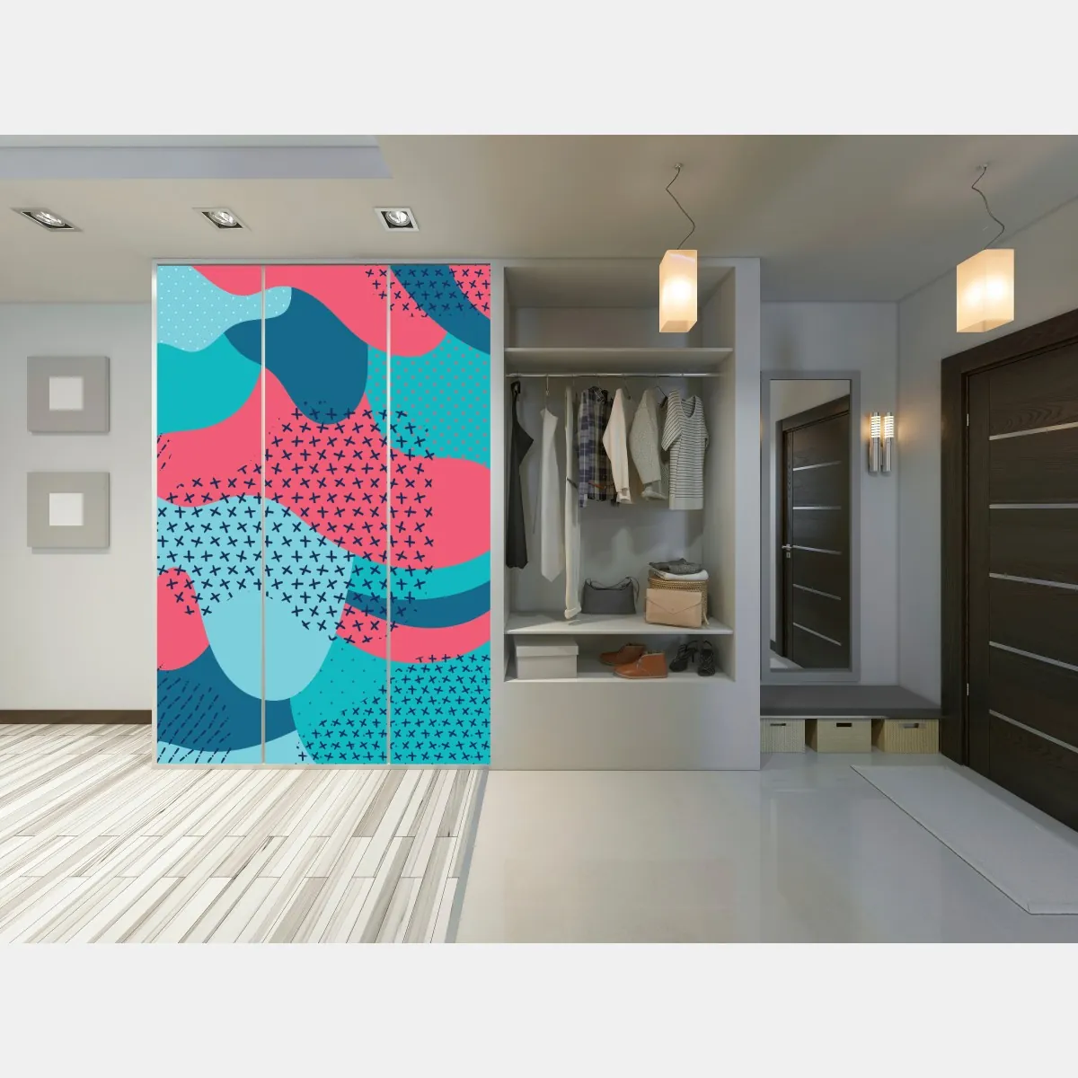 Naklejka na szafę abstrakcyjny falisty wzór w turkusie i koralu – Wallissimo® Naklejka na szafę abstrakcyjny falisty wzór w turkusie i koralu – Wallissimo®
