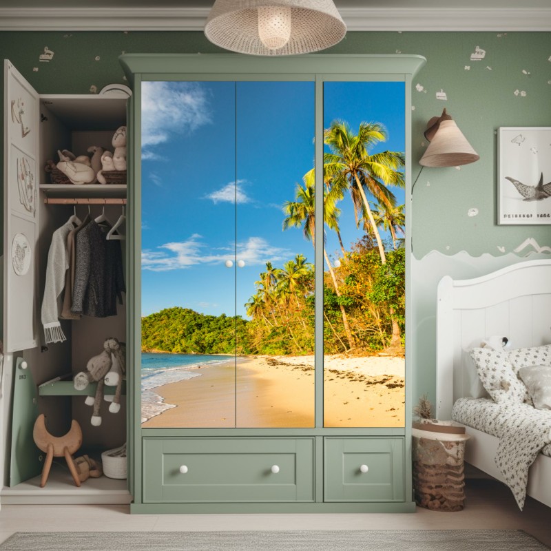 Naklejka na szafę złota tropikalna plaża o zachodzie słońca – Wallissimo® Naklejka na szafę złota tropikalna plaża o zachodzie słońca – Wallissimo®