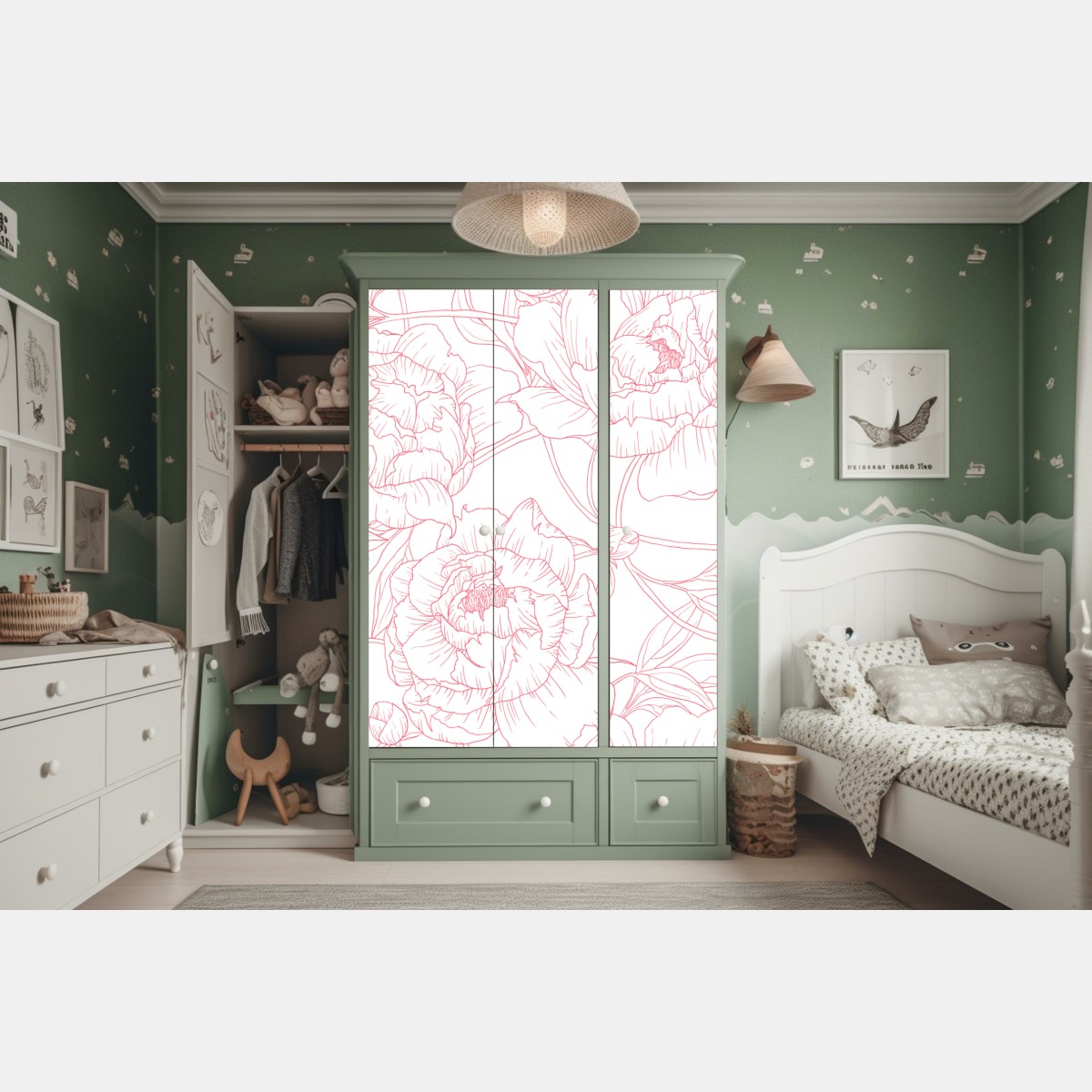 Naklejka na szafę delikatny różowy wzór piwonii w stylu line art – Wallissimo® Naklejka na szafę delikatny różowy wzór piwonii w stylu line art – Wallissimo®