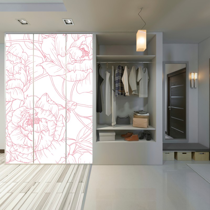 Naklejka na szafę delikatny różowy wzór piwonii w stylu line art – Wallissimo® Naklejka na szafę delikatny różowy wzór piwonii w stylu line art – Wallissimo®