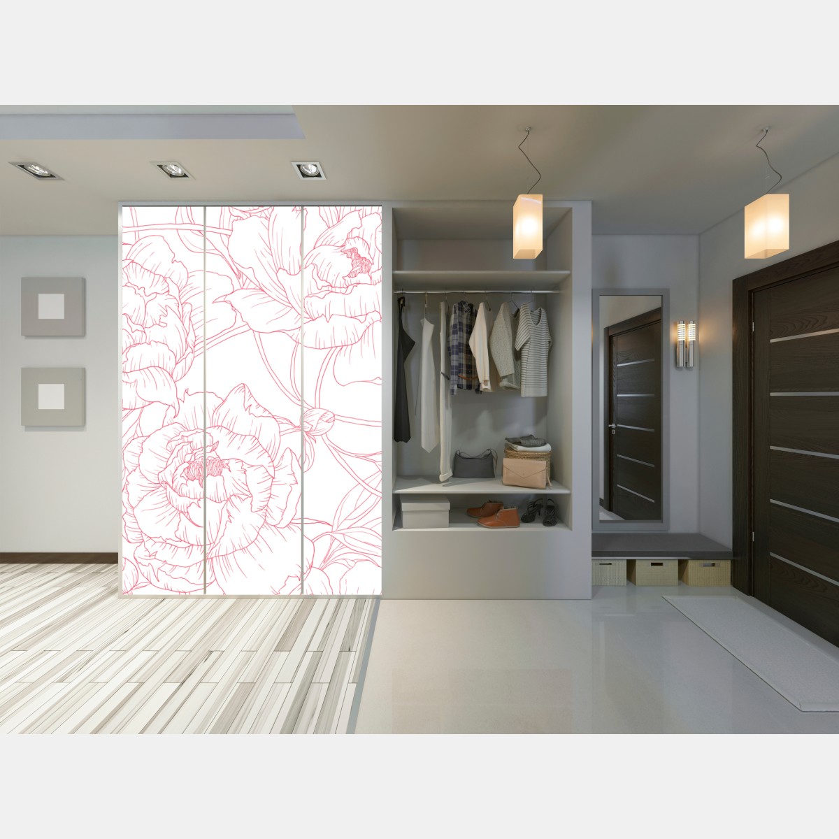 Naklejka na szafę delikatny różowy wzór piwonii w stylu line art – Wallissimo® Naklejka na szafę delikatny różowy wzór piwonii w stylu line art – Wallissimo®