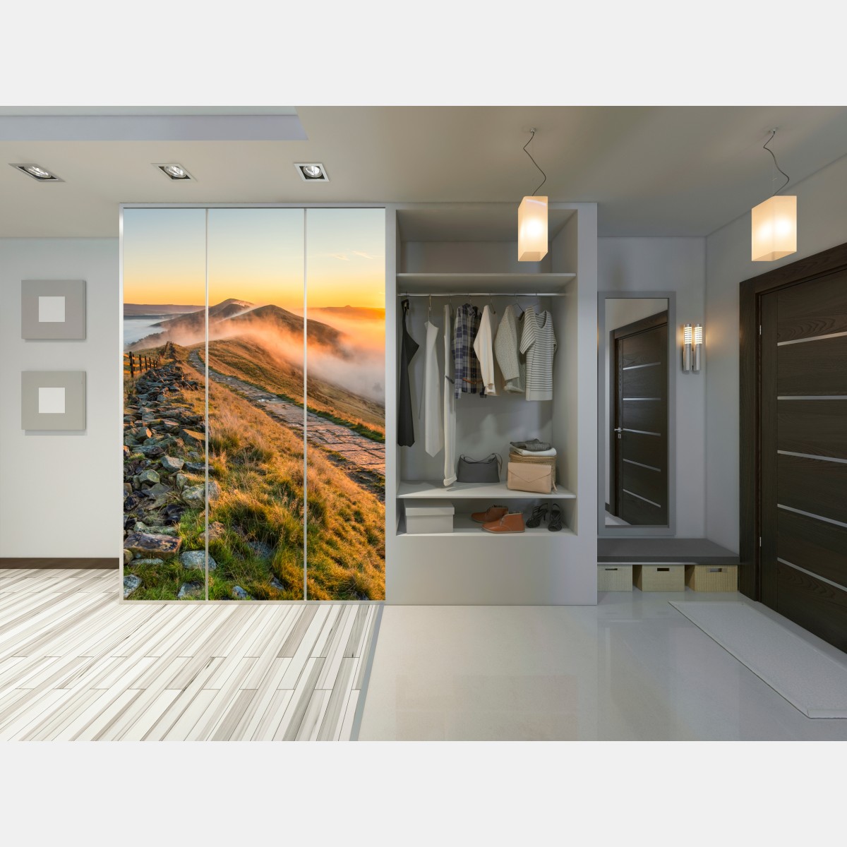 Naklejka na szafę wschód słońca nad mglistym grzbietem z kamienną ścieżką – Wallissimo® Naklejka na szafę wschód słońca nad mglistym grzbietem z kamienną ścieżką – Wallissimo®