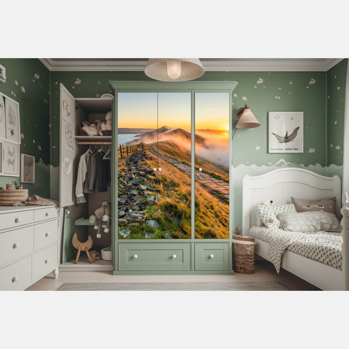 Naklejka na szafę wschód słońca nad mglistym grzbietem z kamienną ścieżką – Wallissimo® Naklejka na szafę wschód słońca nad mglistym grzbietem z kamienną ścieżką – Wallissimo®