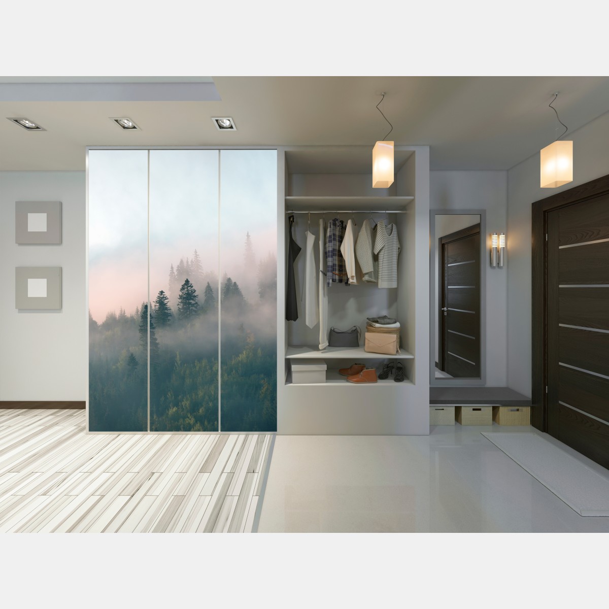 Naklejka na szafę mglisty poranek w lesie – Wallissimo® Naklejka na szafę mglisty poranek w lesie – Wallissimo®