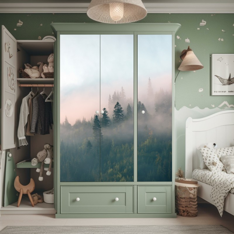 Naklejka na szafę mglisty poranek w lesie – Wallissimo® Naklejka na szafę mglisty poranek w lesie – Wallissimo®