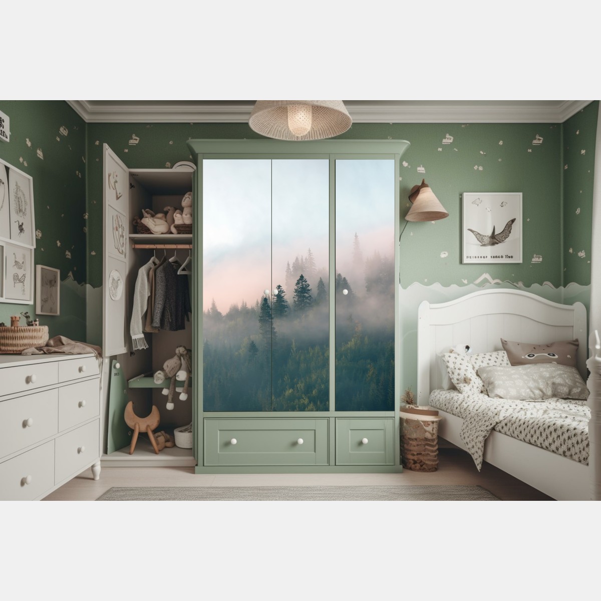 Naklejka na szafę mglisty poranek w lesie – Wallissimo® Naklejka na szafę mglisty poranek w lesie – Wallissimo®