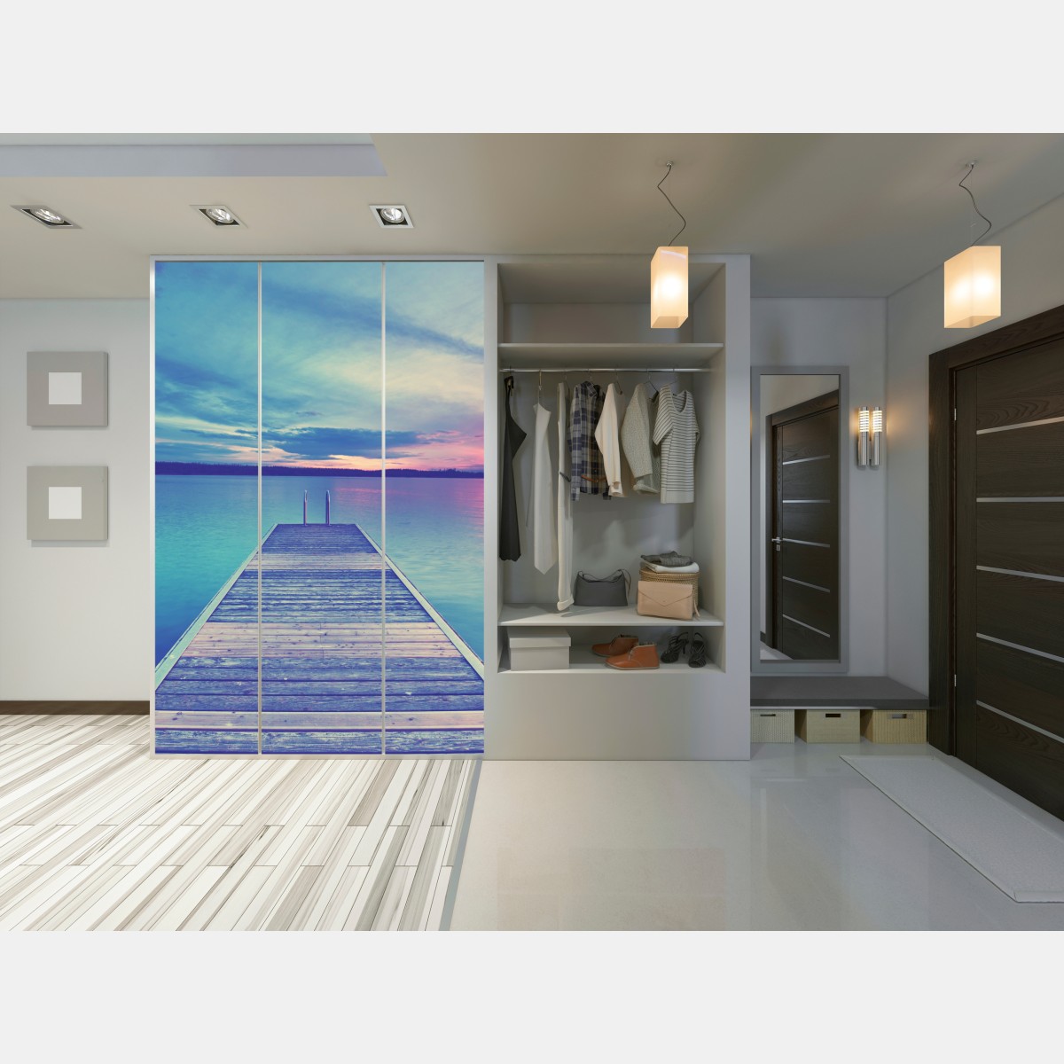 Naklejka na szafę pastelowy pomost nad jeziorem o zachodzie słońca – Wallissimo® Naklejka na szafę pastelowy pomost nad jeziorem o zachodzie słońca – Wallissimo®