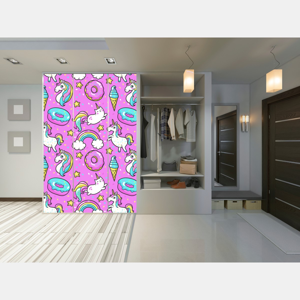 Naklejka na szafę pastelowe jednorożce i słodkości – Wallissimo® Naklejka na szafę pastelowe jednorożce i słodkości – Wallissimo®