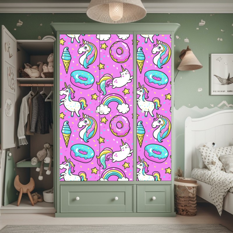 Naklejka na szafę pastelowe jednorożce i słodkości – Wallissimo® Naklejka na szafę pastelowe jednorożce i słodkości – Wallissimo®