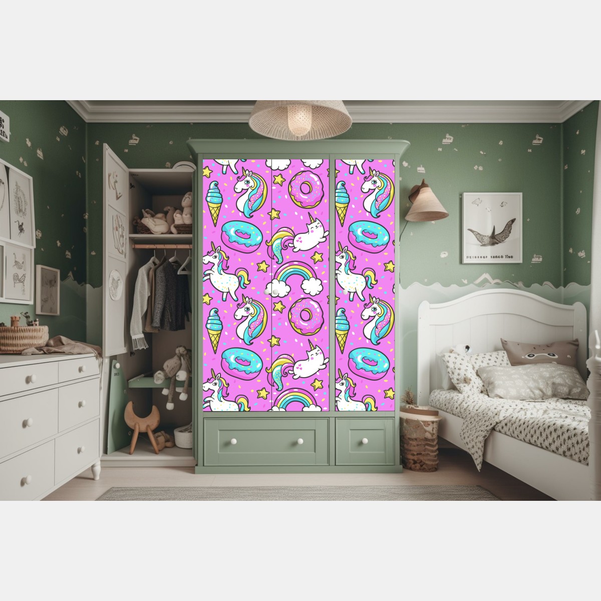 Naklejka na szafę pastelowe jednorożce i słodkości – Wallissimo® Naklejka na szafę pastelowe jednorożce i słodkości – Wallissimo®