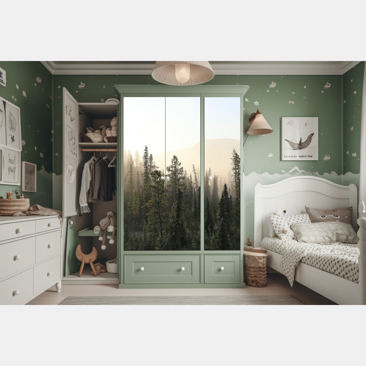 Naklejka na szafę mglisty las sosnowy o wschodzie słońca – Wallissimo® Naklejka na szafę mglisty las sosnowy o wschodzie słońca – Wallissimo®