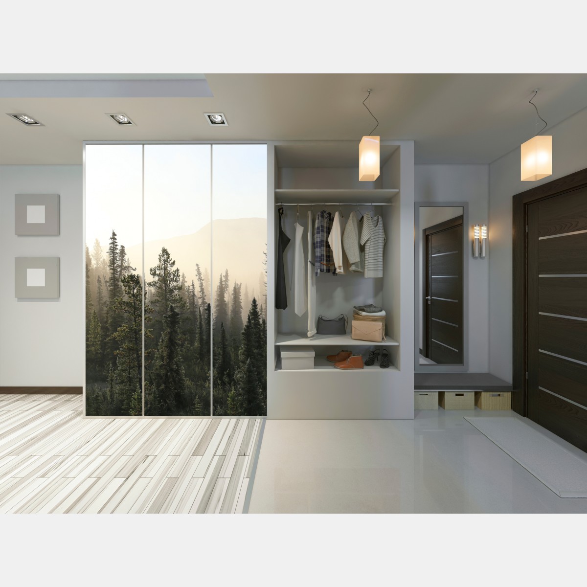 Naklejka na szafę mglisty las sosnowy o wschodzie słońca – Wallissimo® Naklejka na szafę mglisty las sosnowy o wschodzie słońca – Wallissimo®