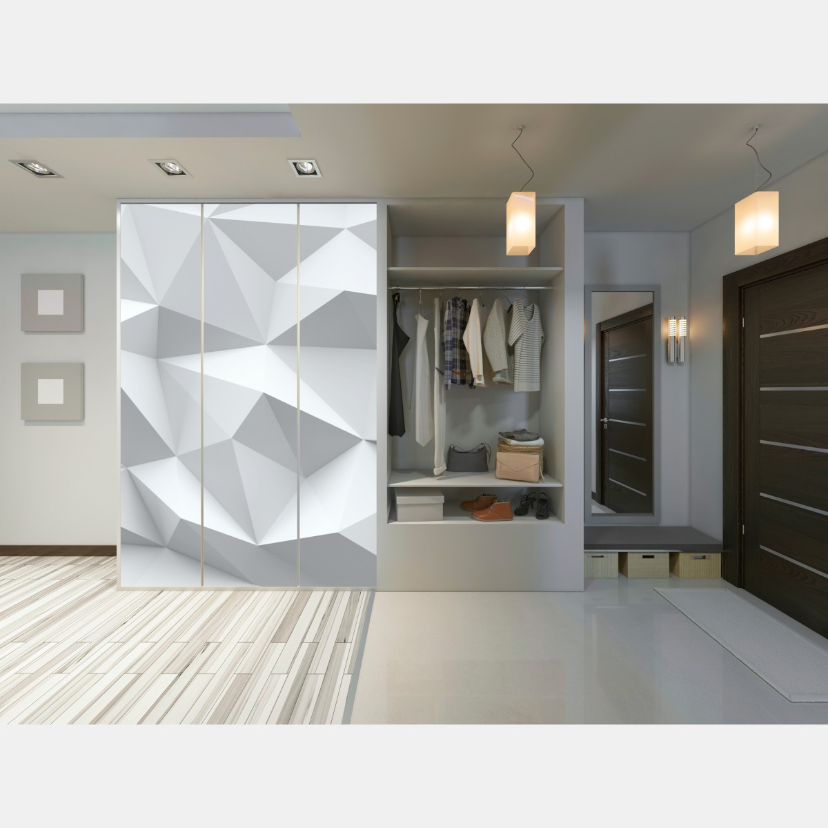 Naklejka na szafę biały trójwymiarowy geometryczny wzór low-poly – Wallissimo® Naklejka na szafę biały trójwymiarowy geometryczny wzór low-poly – Wallissimo®