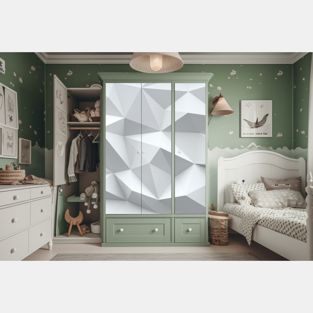 Naklejka na szafę biały trójwymiarowy geometryczny wzór low-poly – Wallissimo® Naklejka na szafę biały trójwymiarowy geometryczny wzór low-poly – Wallissimo®