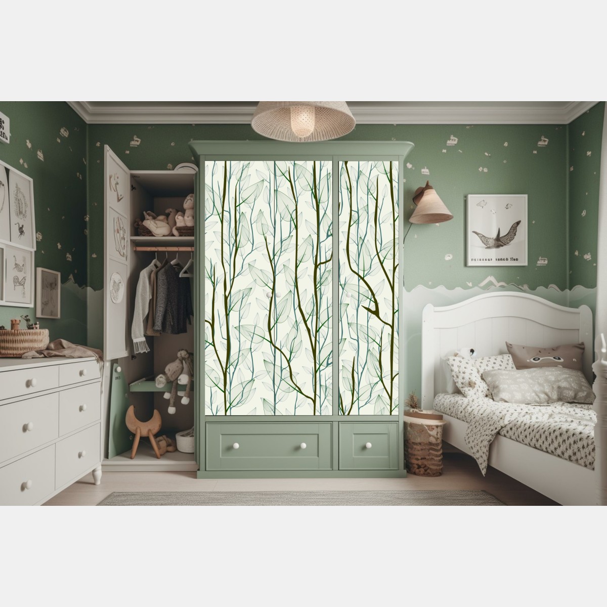 Naklejka na szafę delikatny wzór liści i gałęzi – Wallissimo® Naklejka na szafę delikatny wzór liści i gałęzi – Wallissimo®