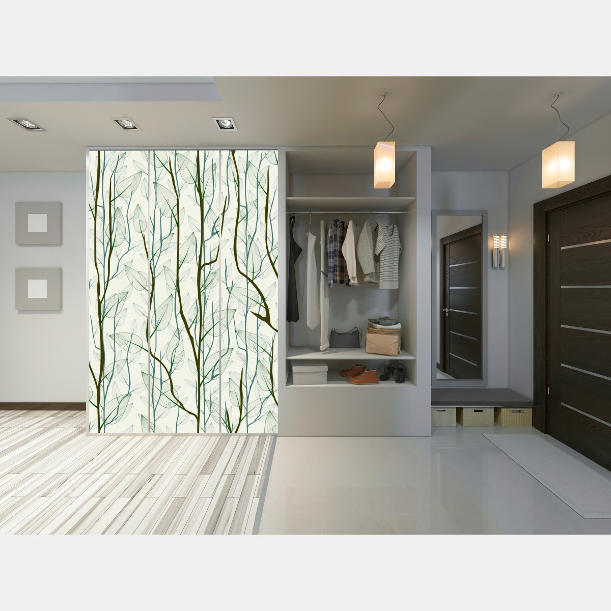 Naklejka na szafę delikatny wzór liści i gałęzi – Wallissimo® Naklejka na szafę delikatny wzór liści i gałęzi – Wallissimo®