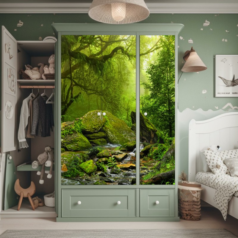 Naklejka na szafę leśny strumień porośnięty mchem – Wallissimo® Naklejka na szafę leśny strumień porośnięty mchem – Wallissimo®