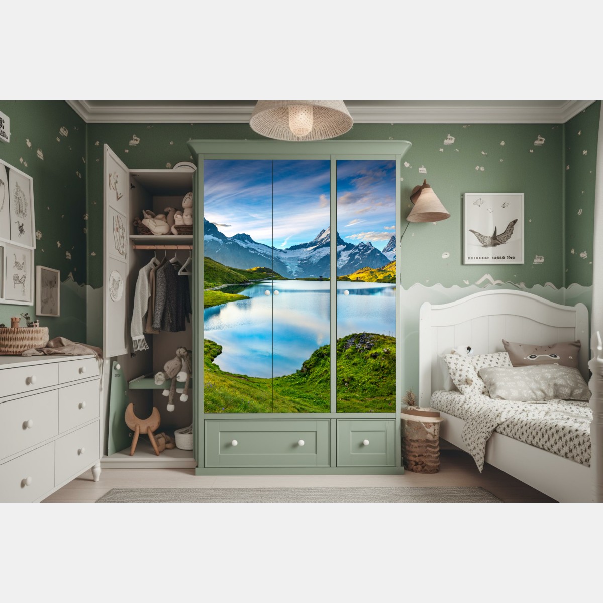 Naklejka na szafę spokojne alpejskie jezioro pod szczytem Wetterhorn, Szwajcaria – Wallissimo® Naklejka na szafę spokojne alpejskie jezioro pod szczytem Wetterhorn, Szwajcaria – Wallissimo®