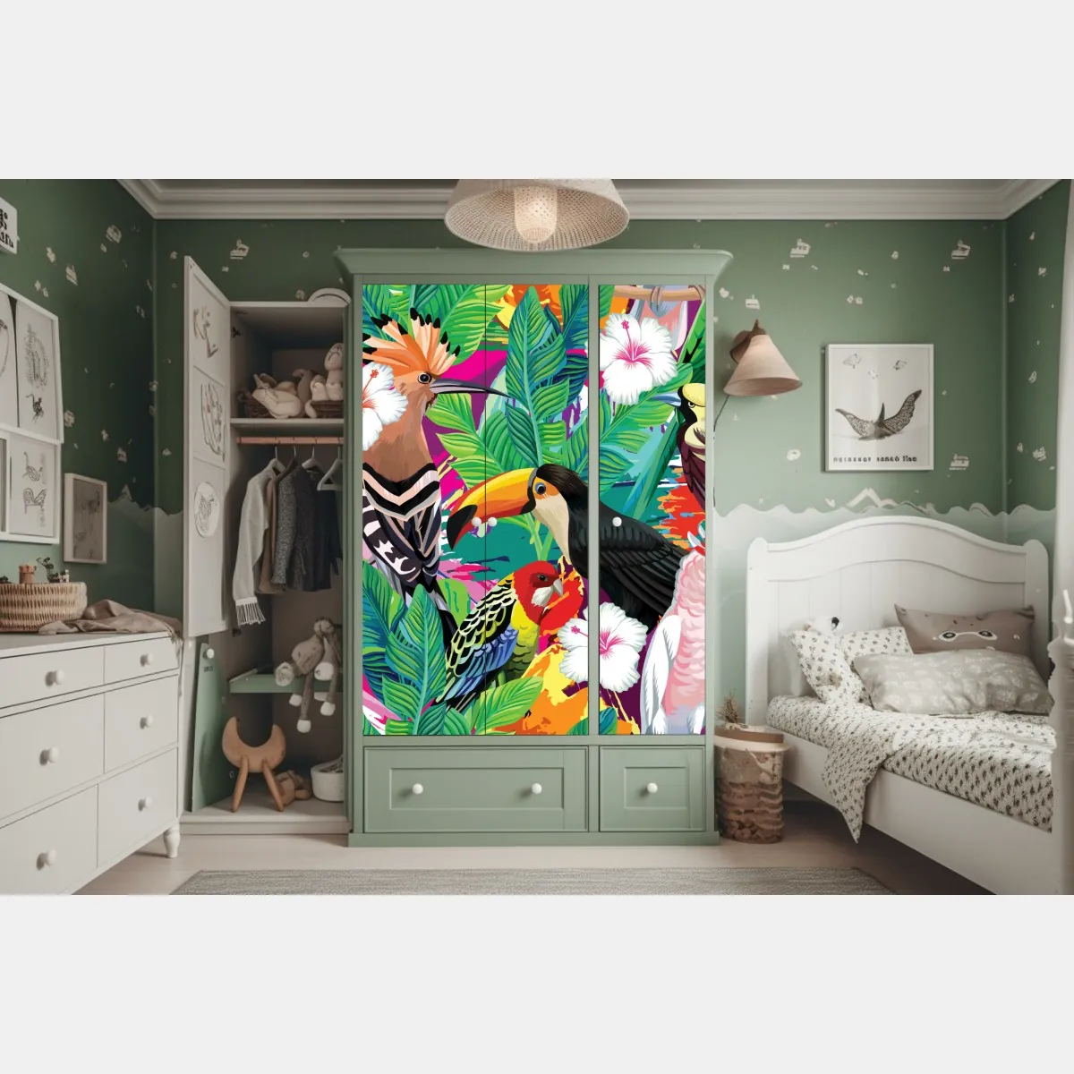 Naklejka na szafę żywe tropikalne ptaki w dżungli – Wallissimo® Naklejka na szafę żywe tropikalne ptaki w dżungli – Wallissimo®
