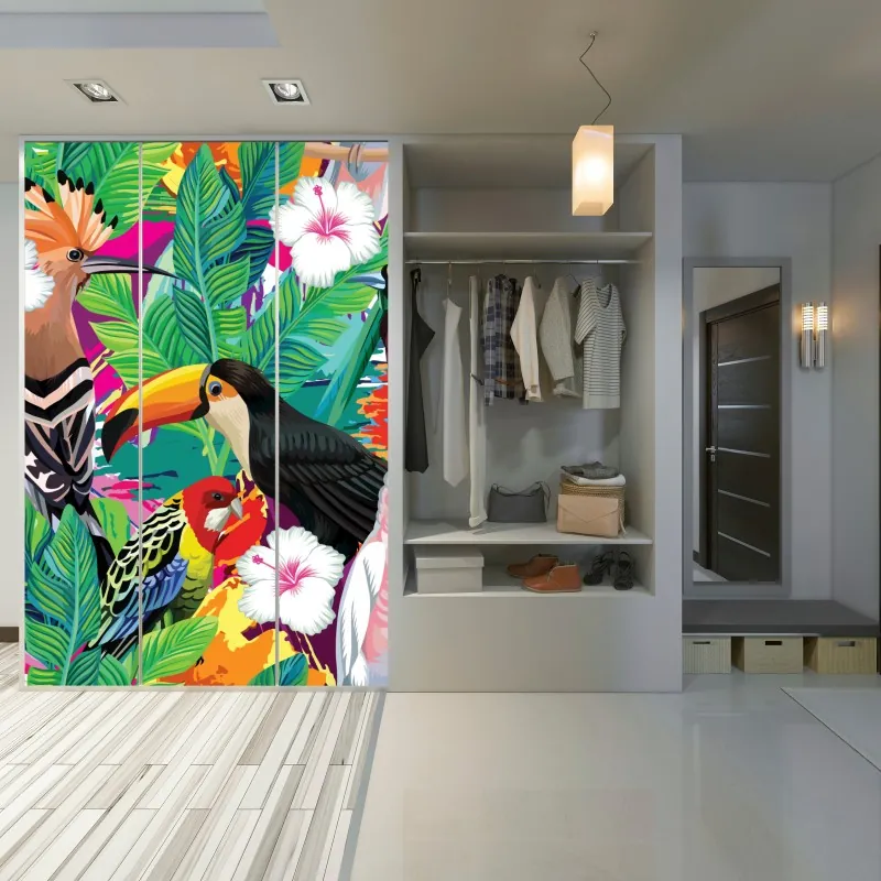 Naklejka na szafę żywe tropikalne ptaki w dżungli – Wallissimo® Naklejka na szafę żywe tropikalne ptaki w dżungli – Wallissimo®