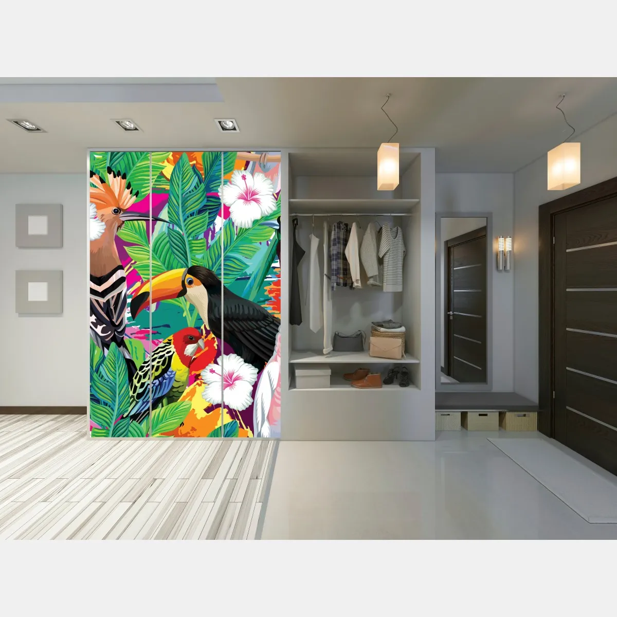 Naklejka na szafę żywe tropikalne ptaki w dżungli – Wallissimo® Naklejka na szafę żywe tropikalne ptaki w dżungli – Wallissimo®