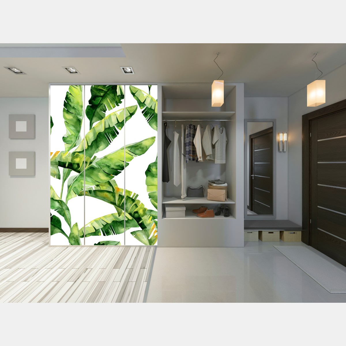 Naklejka na szafę tropikalny wzór z liśćmi bananowca w akwareli – Wallissimo® Naklejka na szafę tropikalny wzór z liśćmi bananowca w akwareli – Wallissimo®