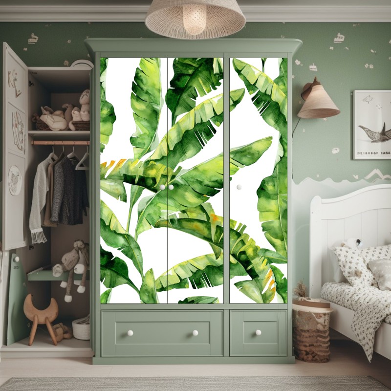 Naklejka na szafę tropikalny wzór z liśćmi bananowca w akwareli – Wallissimo® Naklejka na szafę tropikalny wzór z liśćmi bananowca w akwareli – Wallissimo®
