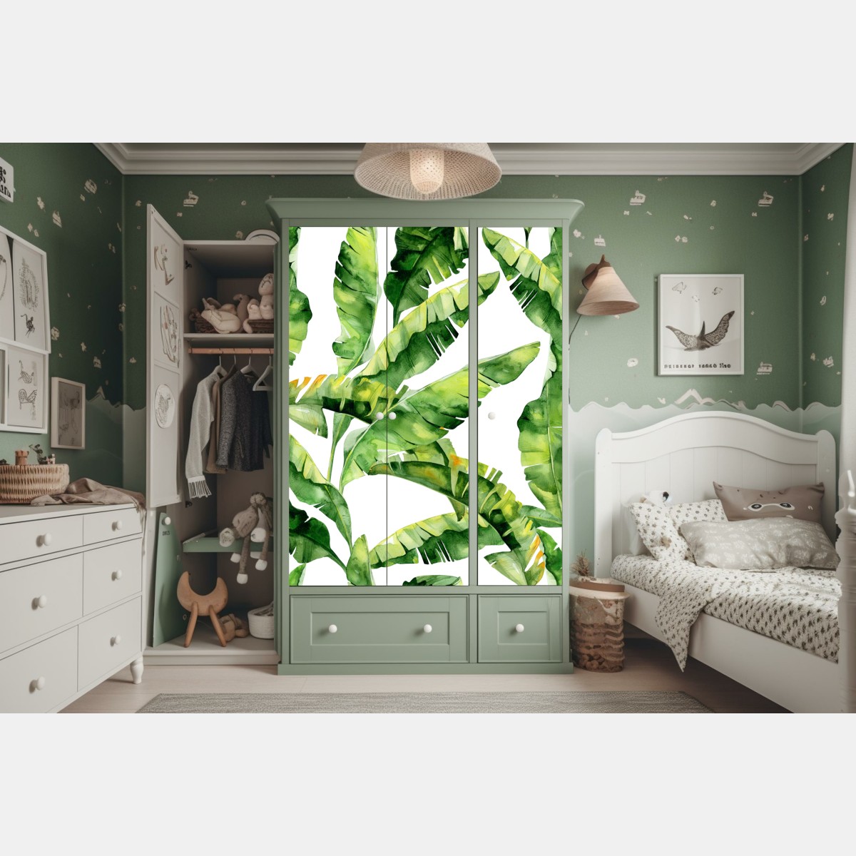 Naklejka na szafę tropikalny wzór z liśćmi bananowca w akwareli – Wallissimo® Naklejka na szafę tropikalny wzór z liśćmi bananowca w akwareli – Wallissimo®