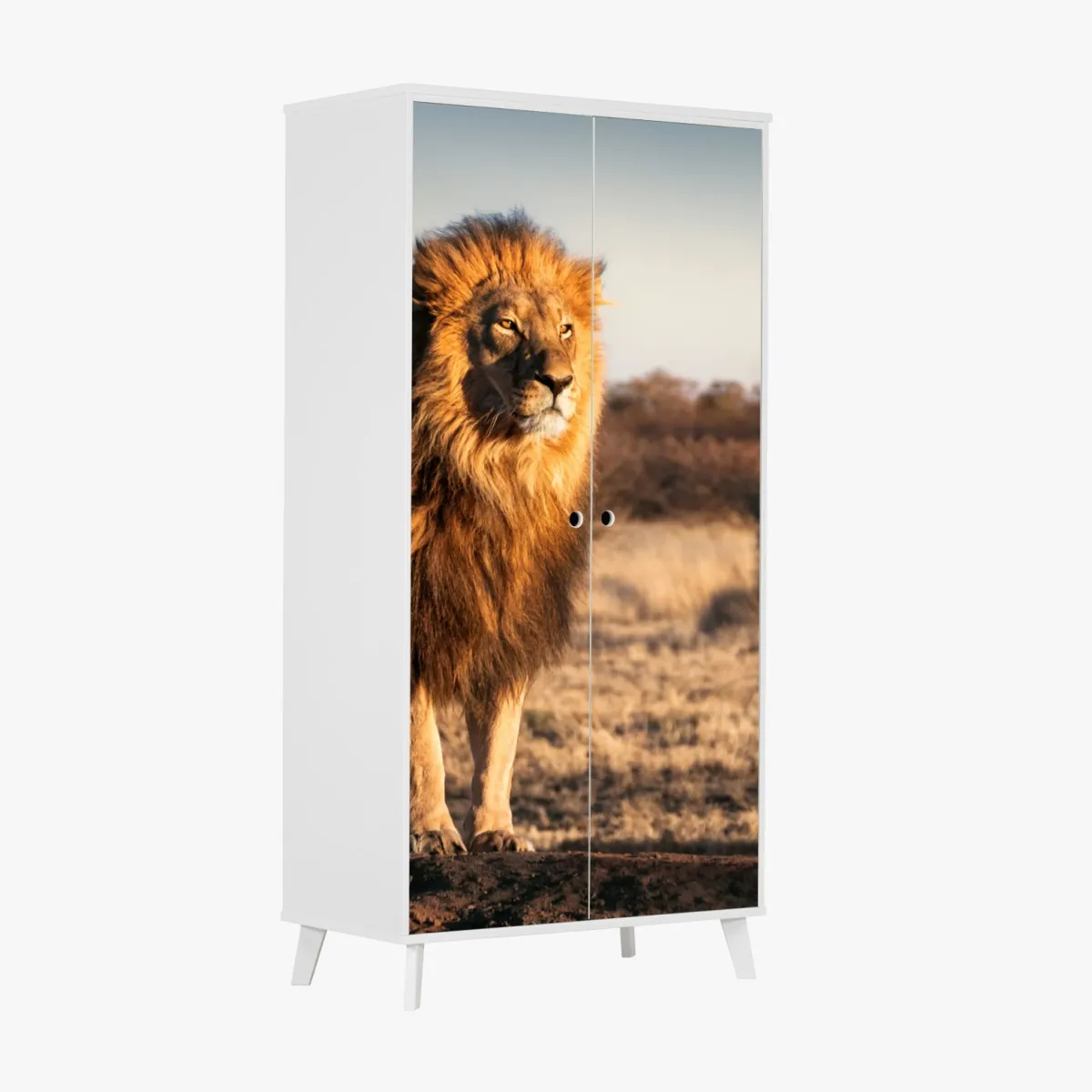 Naklejka na szafę władczy lew na sawannie – Wallissimo® Naklejka na szafę władczy lew na sawannie – Wallissimo®