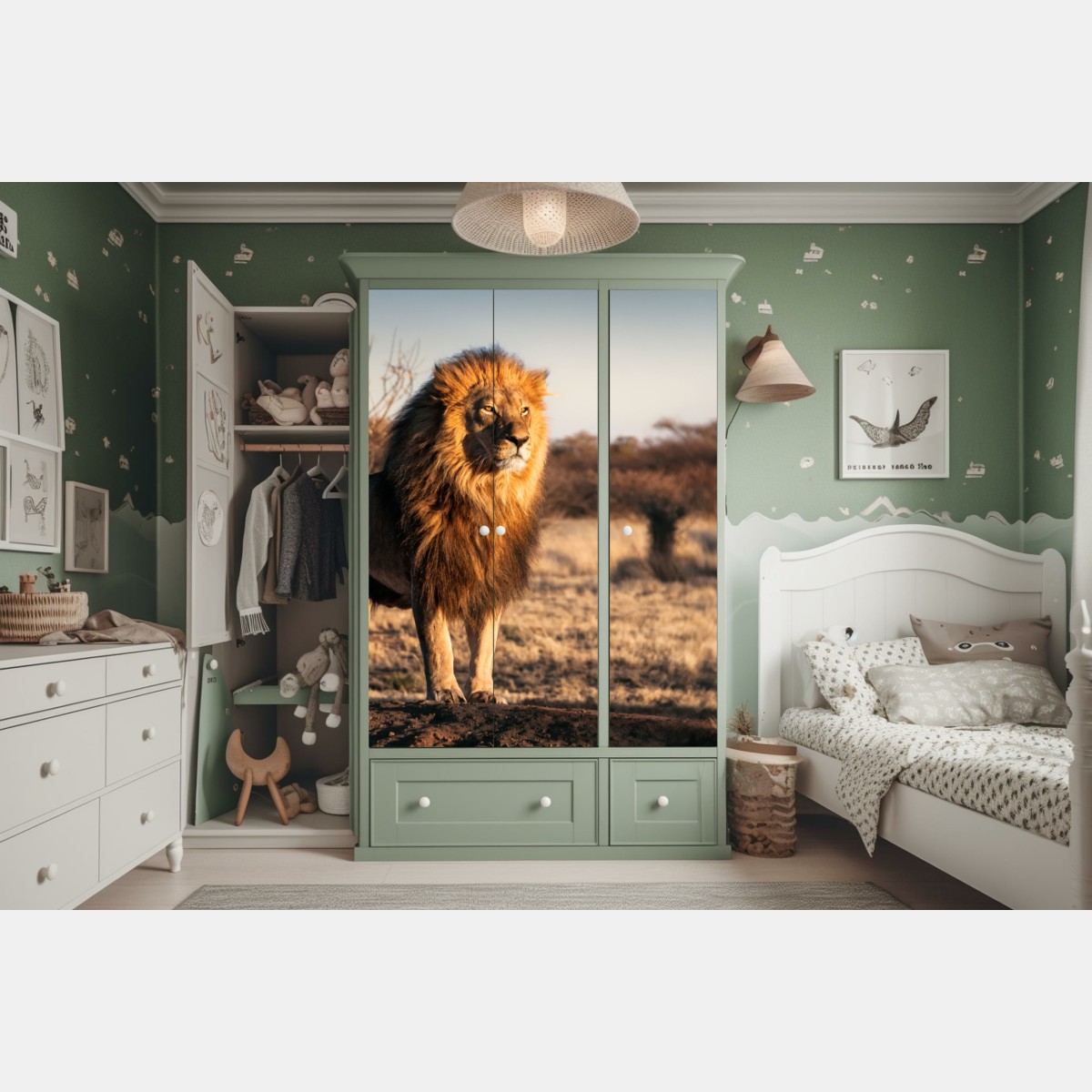 Naklejka na szafę władczy lew na sawannie – Wallissimo® Naklejka na szafę władczy lew na sawannie – Wallissimo®