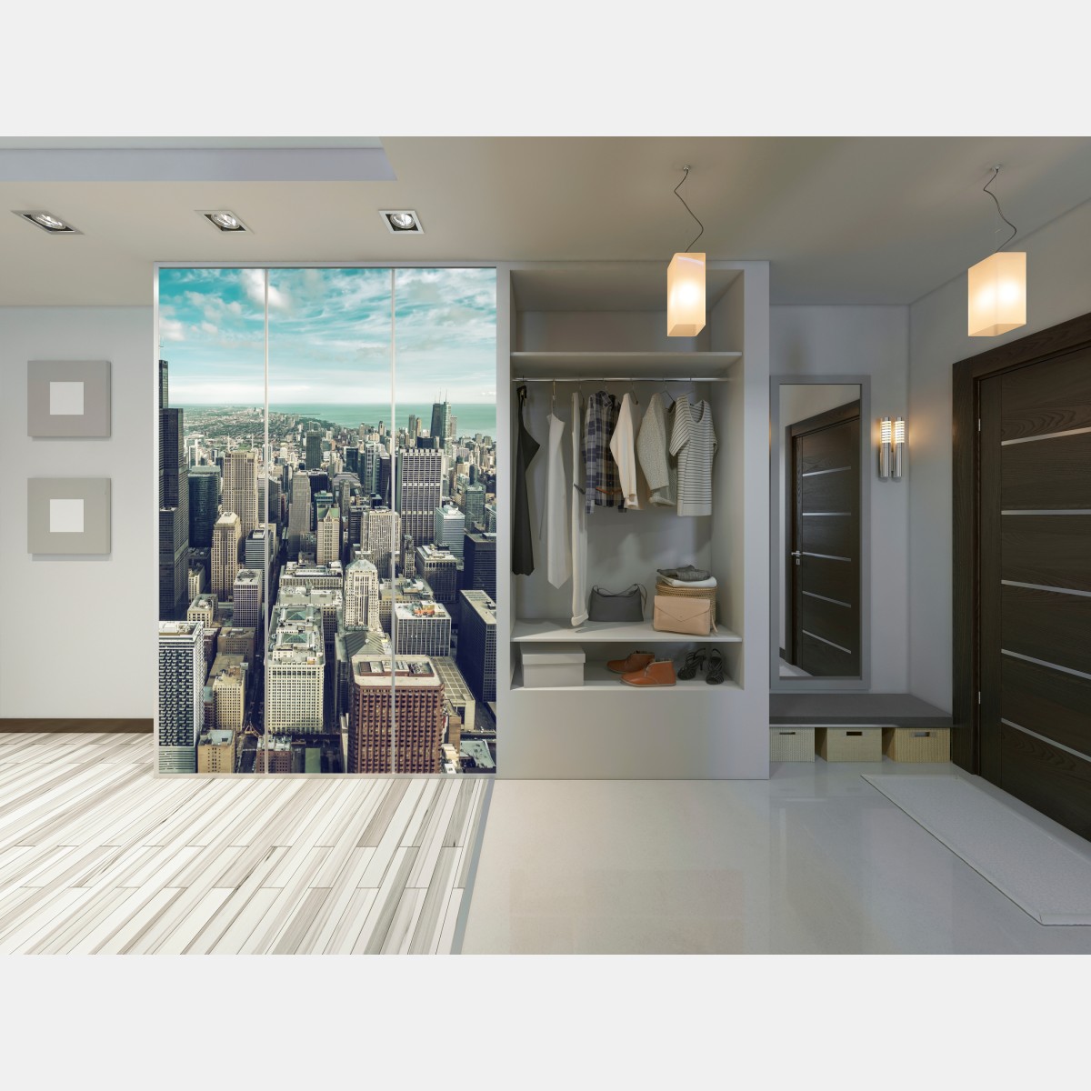 Naklejka na szafę Chicago panorama miasta z lotu ptaka w turkusowych tonach – Wallissimo® Naklejka na szafę Chicago panorama miasta z lotu ptaka w turkusowych tonach – Wallissimo®