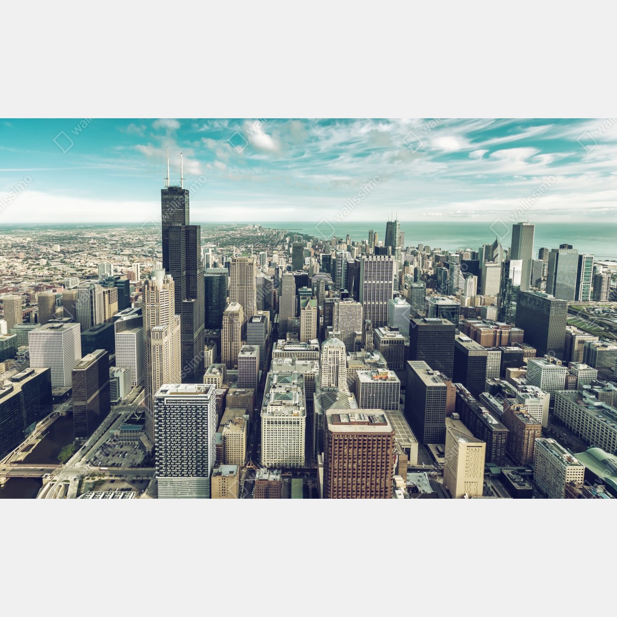 Naklejka na szafę Chicago panorama miasta z lotu ptaka w turkusowych tonach – Wallissimo® Naklejka na szafę Chicago panorama miasta z lotu ptaka w turkusowych tonach – Wallissimo®