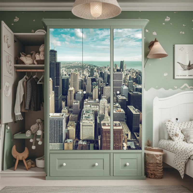 Naklejka na szafę Chicago panorama miasta z lotu ptaka w turkusowych tonach – Wallissimo® Naklejka na szafę Chicago panorama miasta z lotu ptaka w turkusowych tonach – Wallissimo®