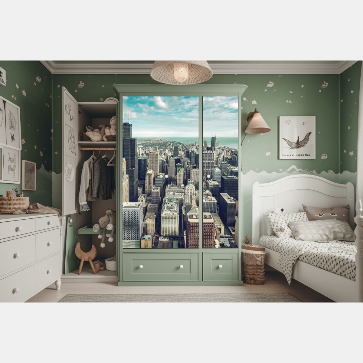 Naklejka na szafę Chicago panorama miasta z lotu ptaka w turkusowych tonach – Wallissimo® Naklejka na szafę Chicago panorama miasta z lotu ptaka w turkusowych tonach – Wallissimo®