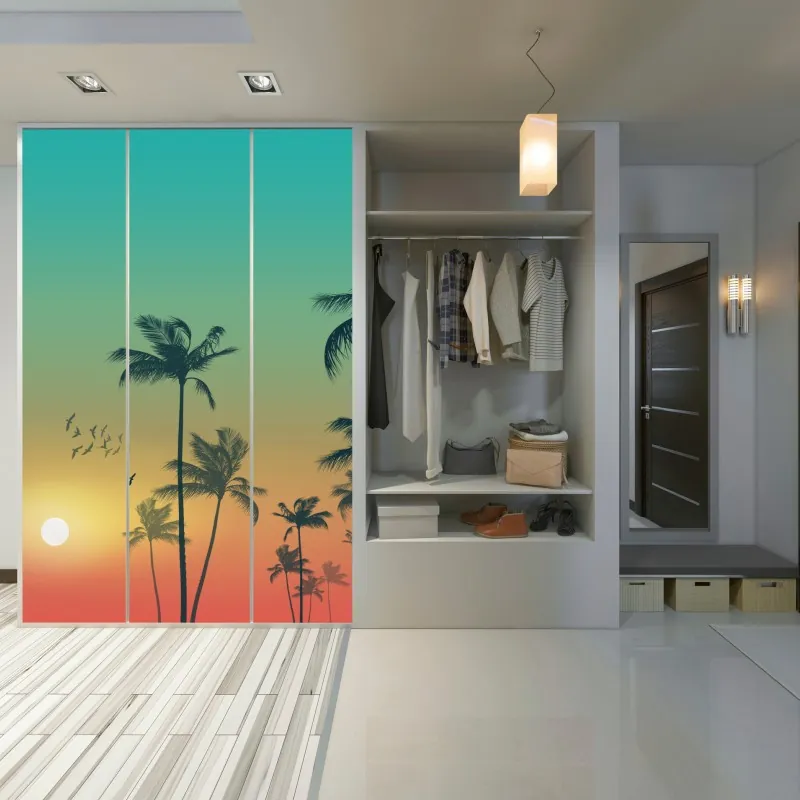 Naklejka na szafę tropikalny zachód słońca z palmami – Wallissimo® Naklejka na szafę tropikalny zachód słońca z palmami – Wallissimo®