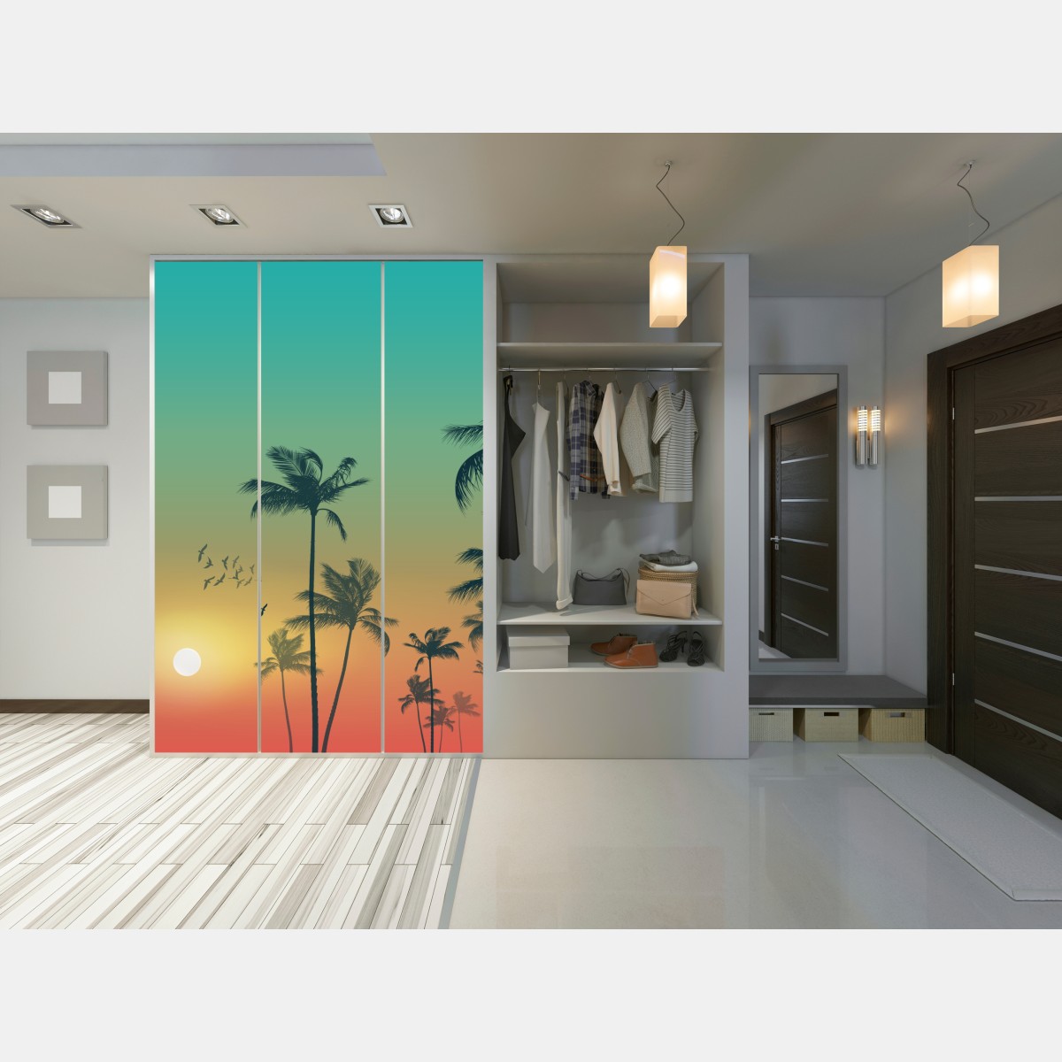 Naklejka na szafę tropikalny zachód słońca z palmami – Wallissimo® Naklejka na szafę tropikalny zachód słońca z palmami – Wallissimo®