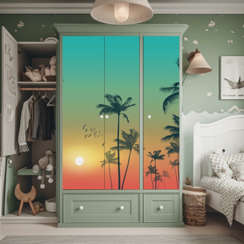 Naklejka na szafę tropikalny zachód słońca z palmami – Wallissimo® Naklejka na szafę tropikalny zachód słońca z palmami – Wallissimo®