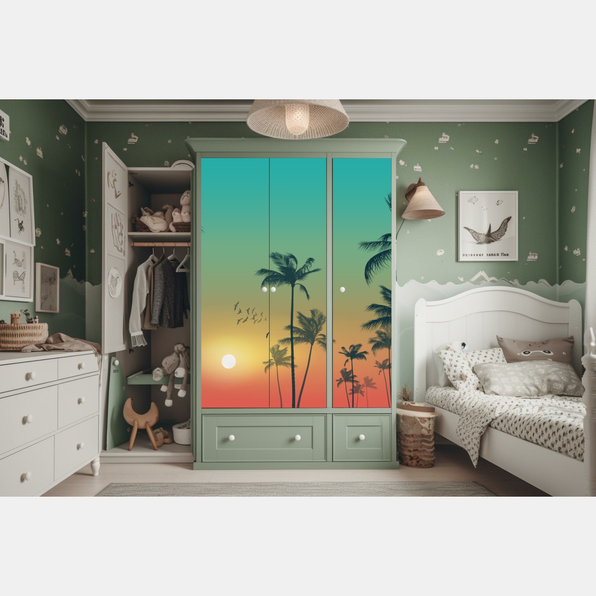 Naklejka na szafę tropikalny zachód słońca z palmami – Wallissimo® Naklejka na szafę tropikalny zachód słońca z palmami – Wallissimo®