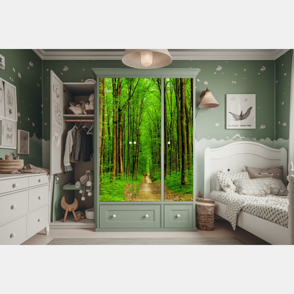 Naklejka na szafę zielona leśna ścieżka wiosną – Wallissimo® Naklejka na szafę zielona leśna ścieżka wiosną – Wallissimo®
