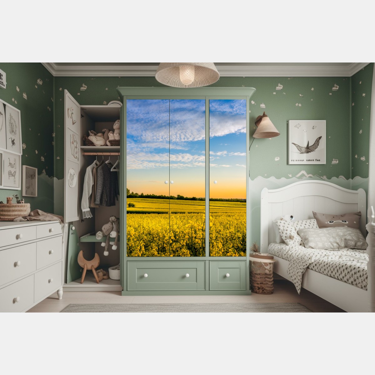 Naklejka na szafę słoneczne pole rzepaku o zachodzie słońca – Wallissimo® Naklejka na szafę słoneczne pole rzepaku o zachodzie słońca – Wallissimo®