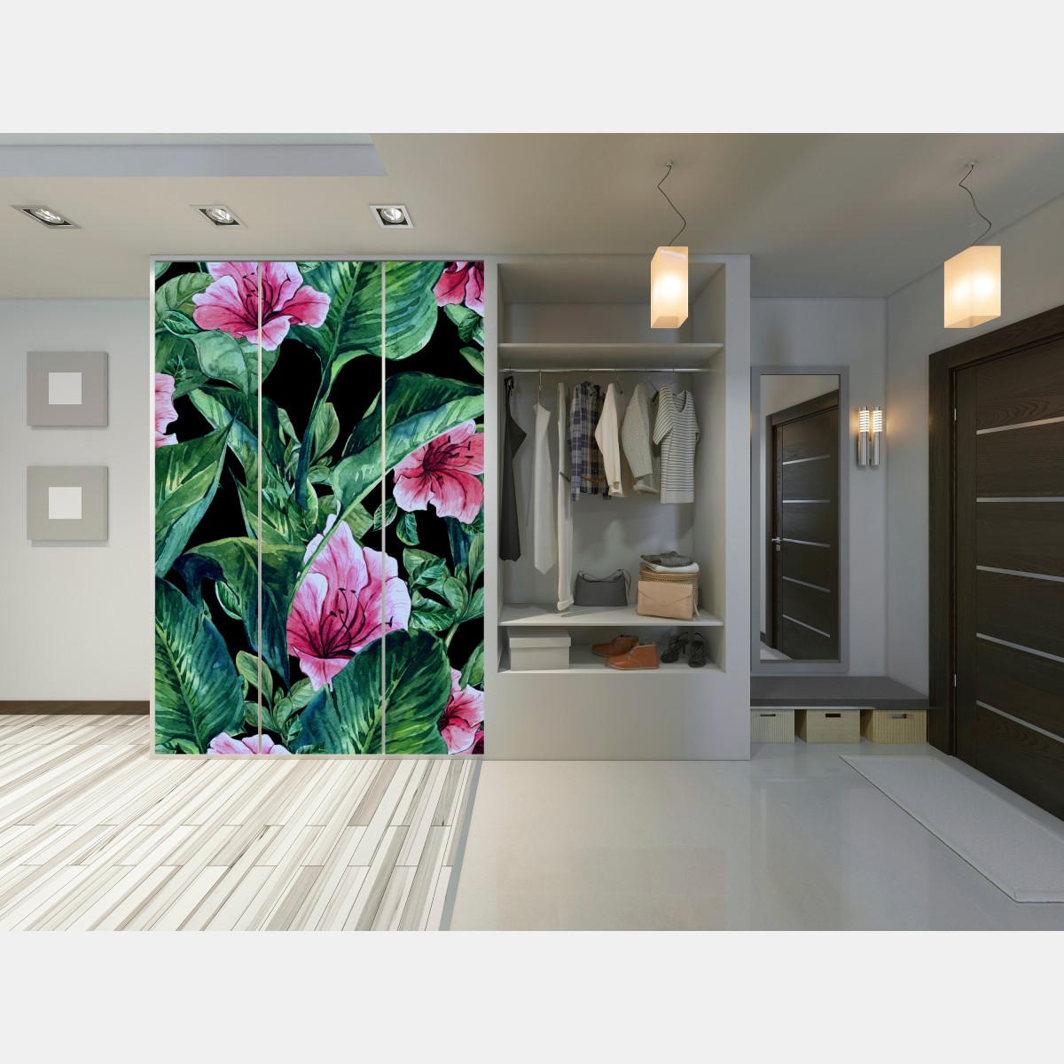 Naklejka na szafę różowe akwarelowe kwiaty na czarnym tle – Wallissimo® Naklejka na szafę różowe akwarelowe kwiaty na czarnym tle – Wallissimo®