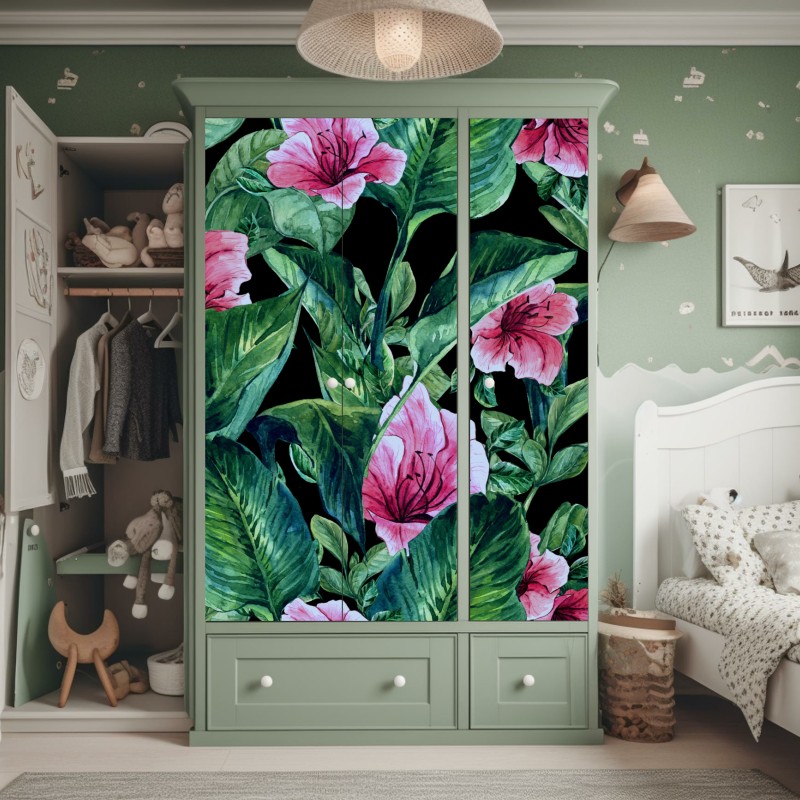 Naklejka na szafę różowe akwarelowe kwiaty na czarnym tle – Wallissimo® Naklejka na szafę różowe akwarelowe kwiaty na czarnym tle – Wallissimo®