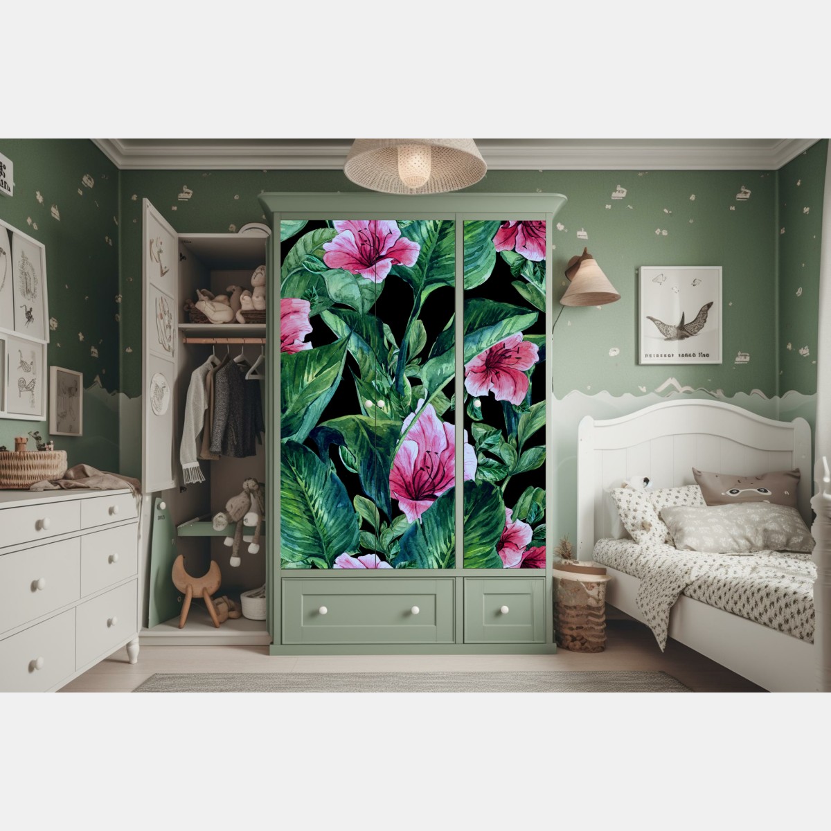 Naklejka na szafę różowe akwarelowe kwiaty na czarnym tle – Wallissimo® Naklejka na szafę różowe akwarelowe kwiaty na czarnym tle – Wallissimo®