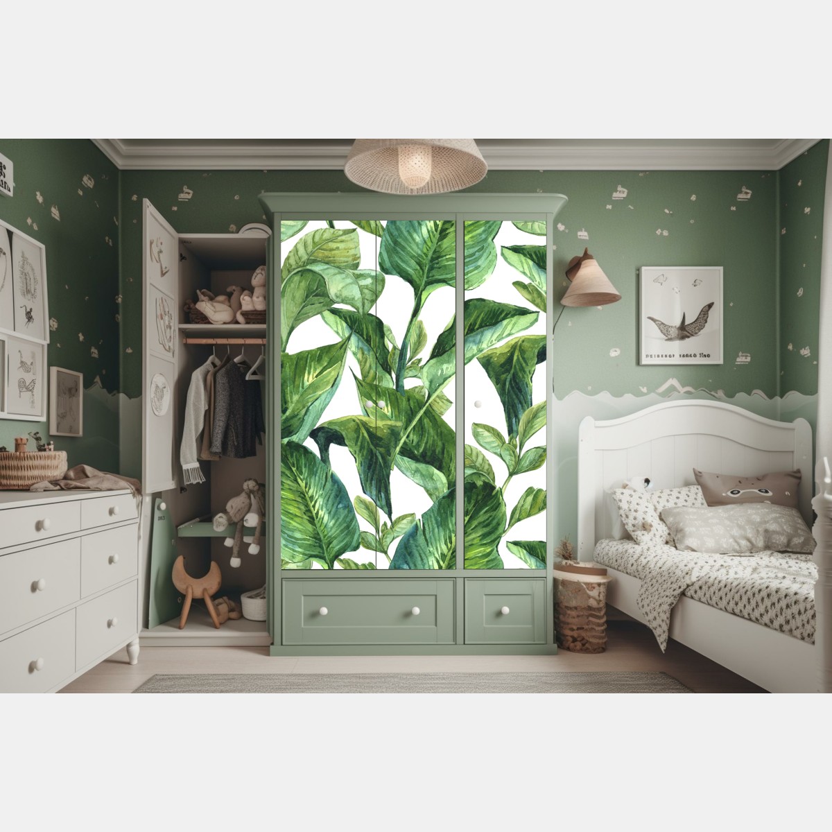 Naklejka na szafę bujny akwarelowy wzór tropikalnych liści – Wallissimo® Naklejka na szafę bujny akwarelowy wzór tropikalnych liści – Wallissimo®
