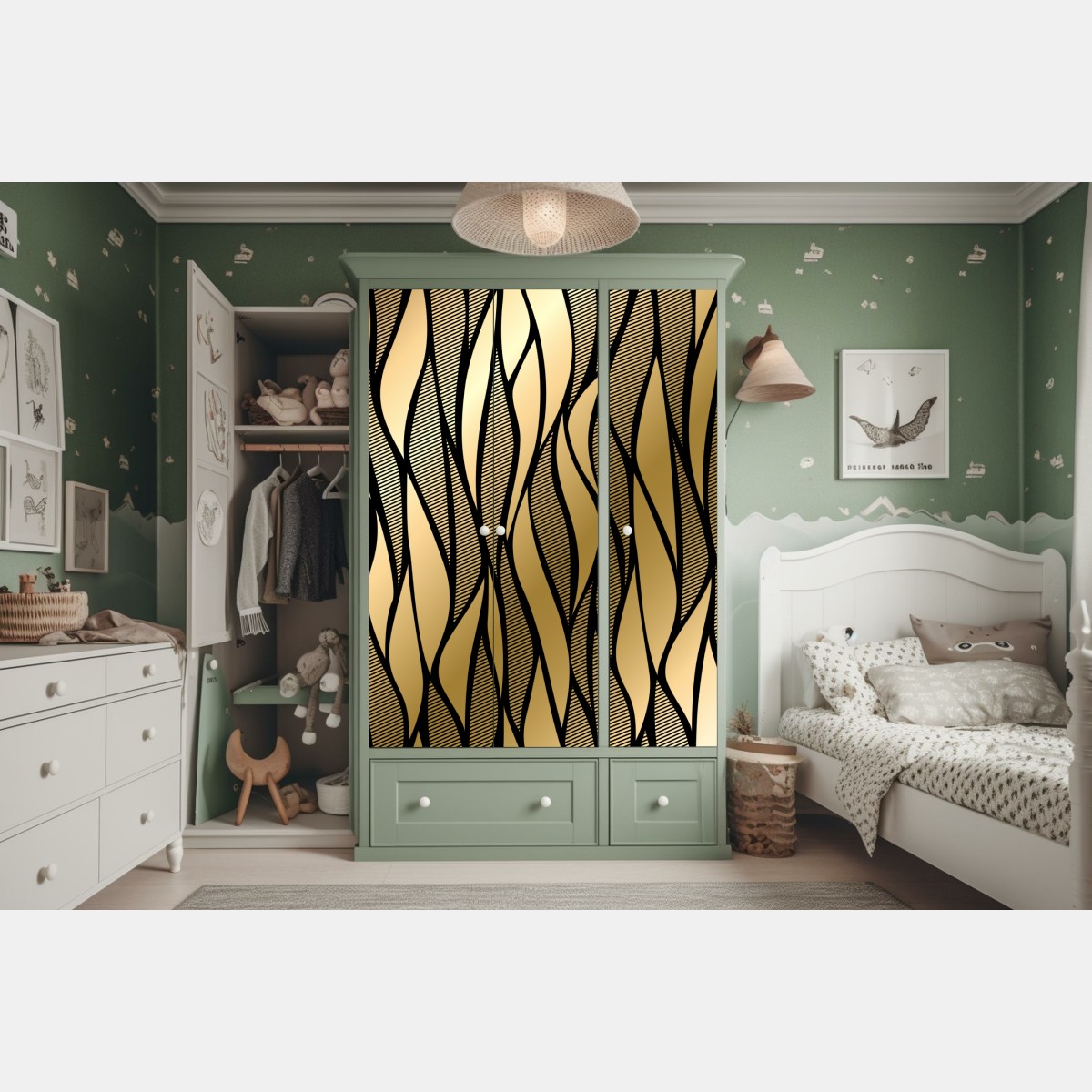 Naklejka na szafę luksusowy złoty abstrakcyjny wzór fal – Wallissimo® Naklejka na szafę luksusowy złoty abstrakcyjny wzór fal – Wallissimo®