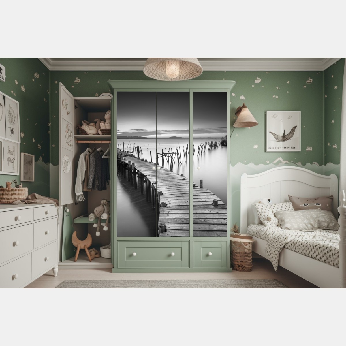 Naklejka na szafę spokojne drewniane molo o zmierzchu – Wallissimo® Naklejka na szafę spokojne drewniane molo o zmierzchu – Wallissimo®