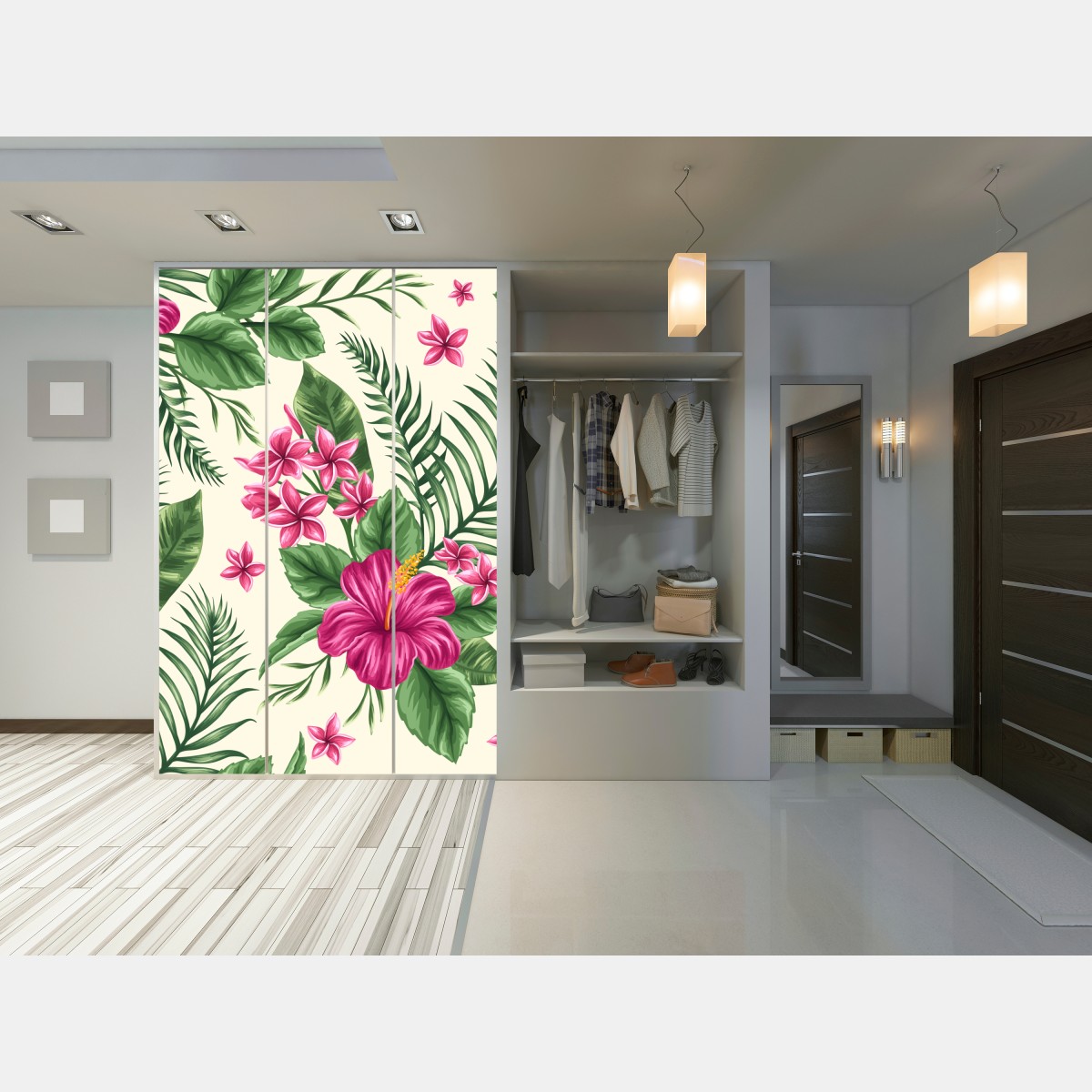 Naklejka na szafę tropikalny wzór z różowym hibiskusem – Wallissimo® Naklejka na szafę tropikalny wzór z różowym hibiskusem – Wallissimo®