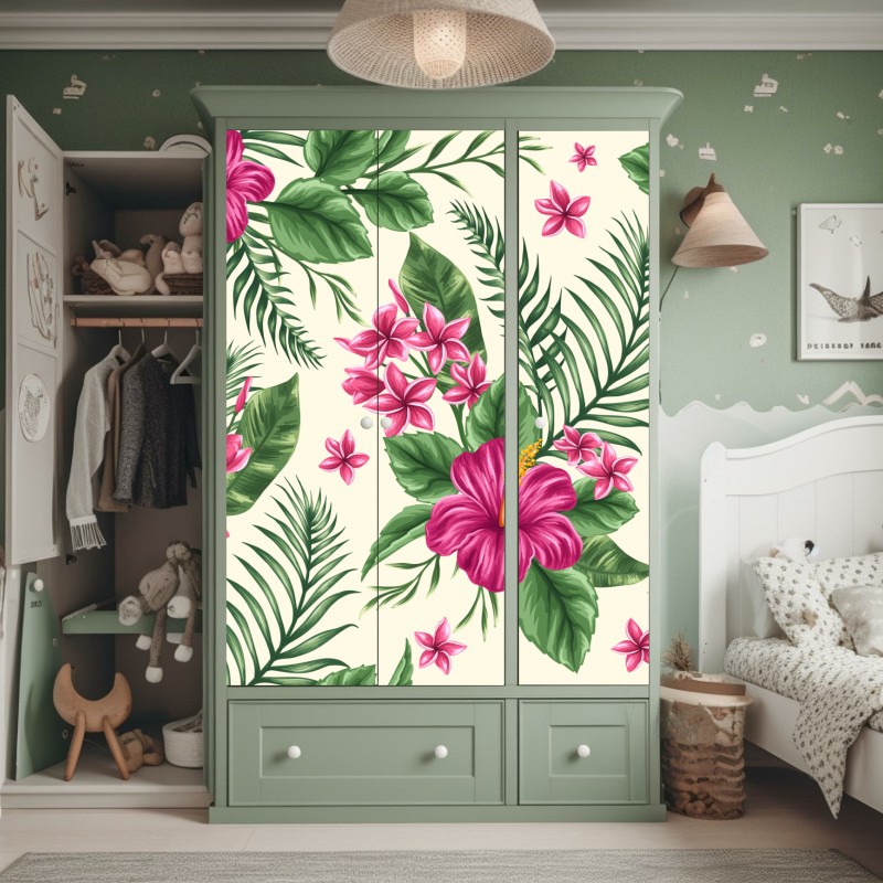 Naklejka na szafę tropikalny wzór z różowym hibiskusem – Wallissimo® Naklejka na szafę tropikalny wzór z różowym hibiskusem – Wallissimo®