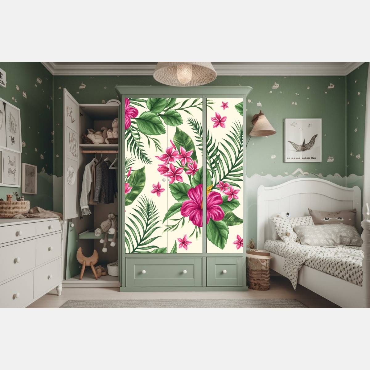 Naklejka na szafę tropikalny wzór z różowym hibiskusem – Wallissimo® Naklejka na szafę tropikalny wzór z różowym hibiskusem – Wallissimo®